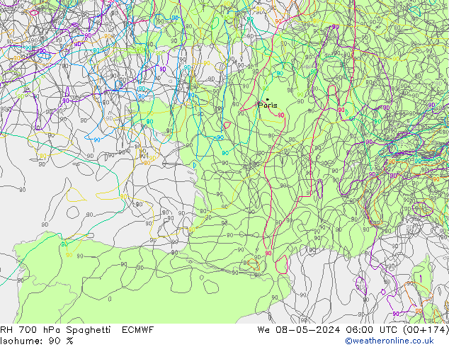 700 hPa Nispi Nem Spaghetti ECMWF Çar 08.05.2024 06 UTC