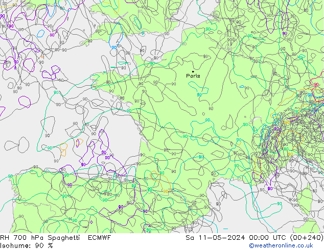 RH 700 hPa Spaghetti ECMWF so. 11.05.2024 00 UTC