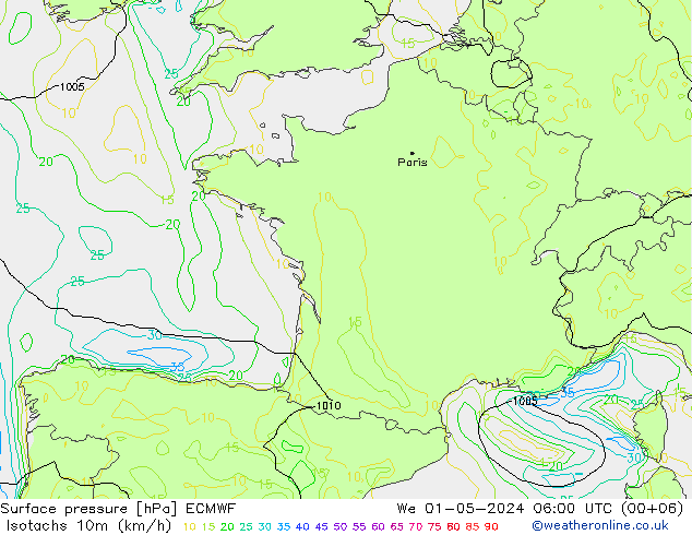 Isotachen (km/h) ECMWF Mi 01.05.2024 06 UTC