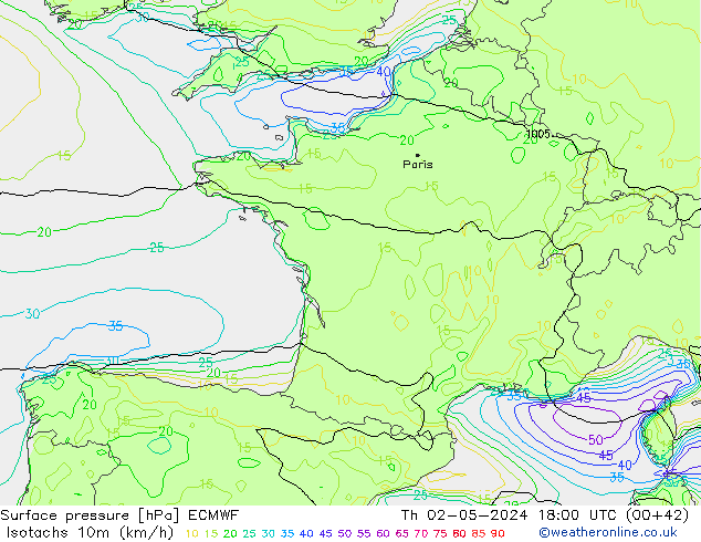 Isotachs (kph) ECMWF Čt 02.05.2024 18 UTC