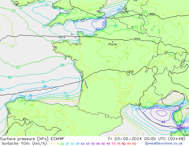 Isotachen (km/h) ECMWF Fr 03.05.2024 00 UTC