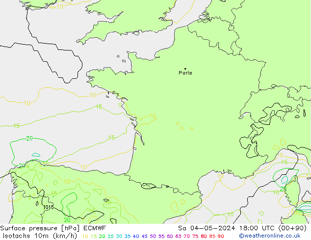 Isotachs (kph) ECMWF Sa 04.05.2024 18 UTC