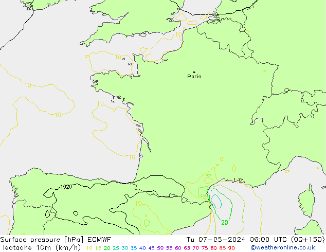 Isotachen (km/h) ECMWF di 07.05.2024 06 UTC