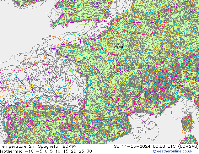 mapa temperatury 2m Spaghetti ECMWF so. 11.05.2024 00 UTC