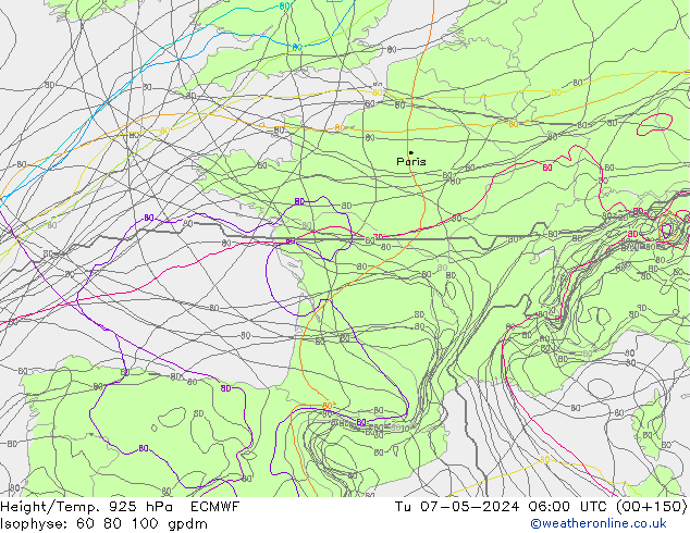 Géop./Temp. 925 hPa ECMWF mar 07.05.2024 06 UTC