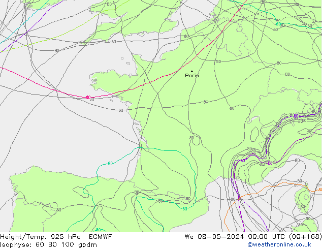 Yükseklik/Sıc. 925 hPa ECMWF Çar 08.05.2024 00 UTC