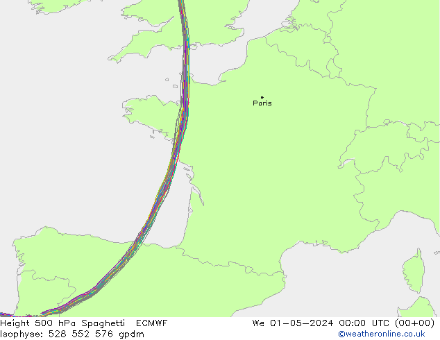 Height 500 hPa Spaghetti ECMWF St 01.05.2024 00 UTC