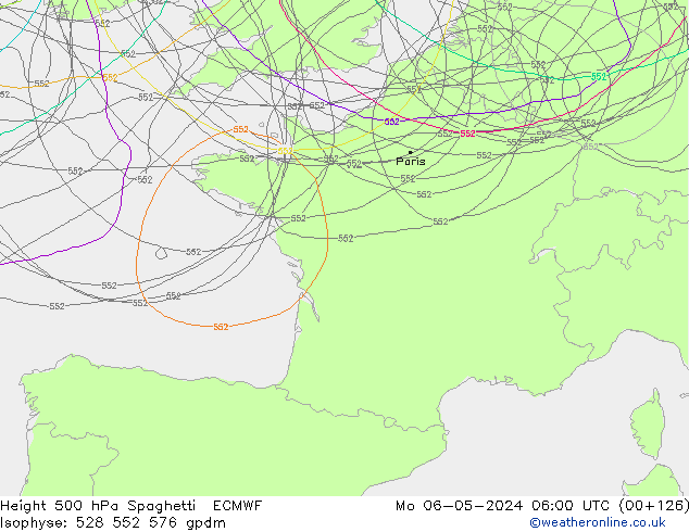 Hoogte 500 hPa Spaghetti ECMWF ma 06.05.2024 06 UTC