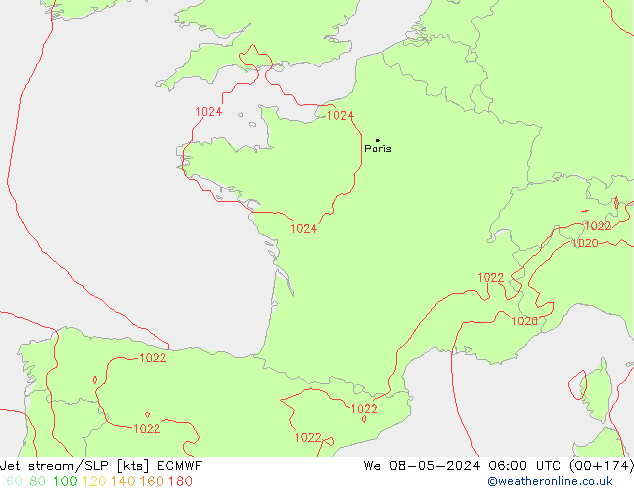 Jet Akımları/SLP ECMWF Çar 08.05.2024 06 UTC