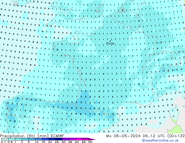 Totale neerslag (6h) ECMWF ma 06.05.2024 12 UTC