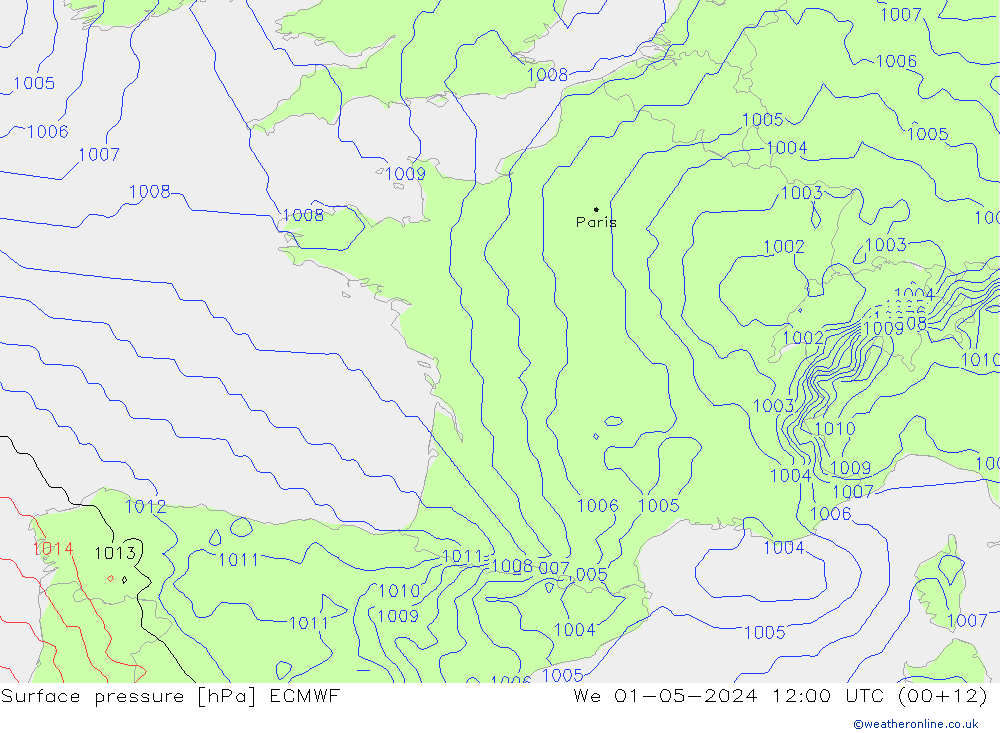 Surface pressure ECMWF We 01.05.2024 12 UTC