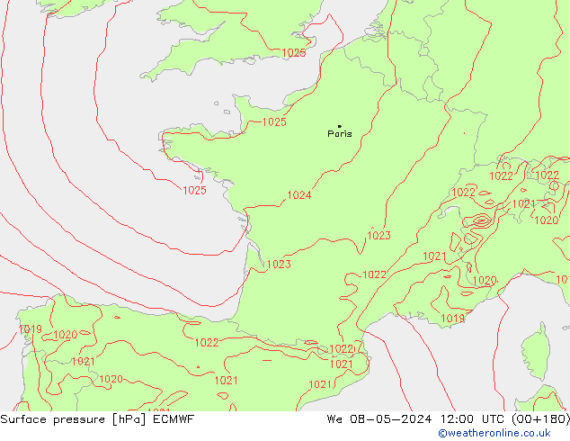 Presión superficial ECMWF mié 08.05.2024 12 UTC