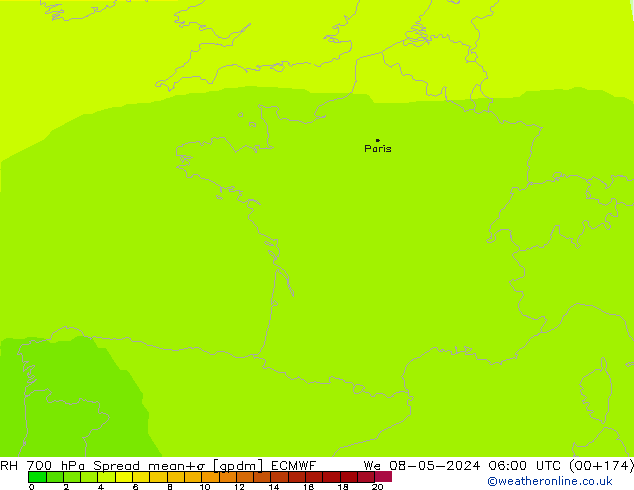 700 hPa Nispi Nem Spread ECMWF Çar 08.05.2024 06 UTC