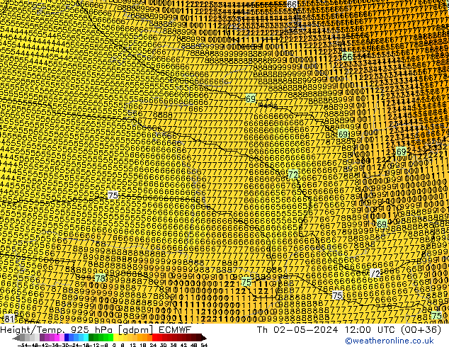 Height/Temp. 925 hPa ECMWF czw. 02.05.2024 12 UTC