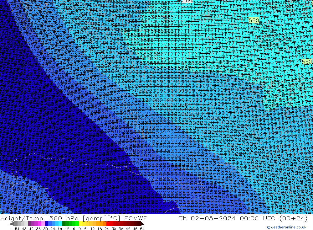 Height/Temp. 500 hPa ECMWF Čt 02.05.2024 00 UTC