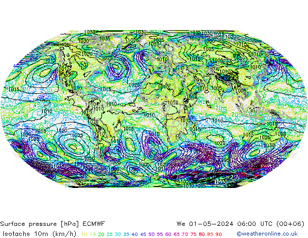 Isotachen (km/h) ECMWF Mi 01.05.2024 06 UTC