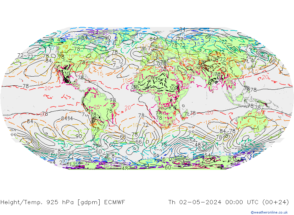 Height/Temp. 925 hPa ECMWF Qui 02.05.2024 00 UTC