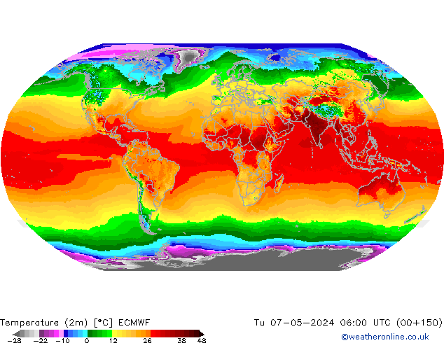 Temperatuurkaart (2m) ECMWF di 07.05.2024 06 UTC