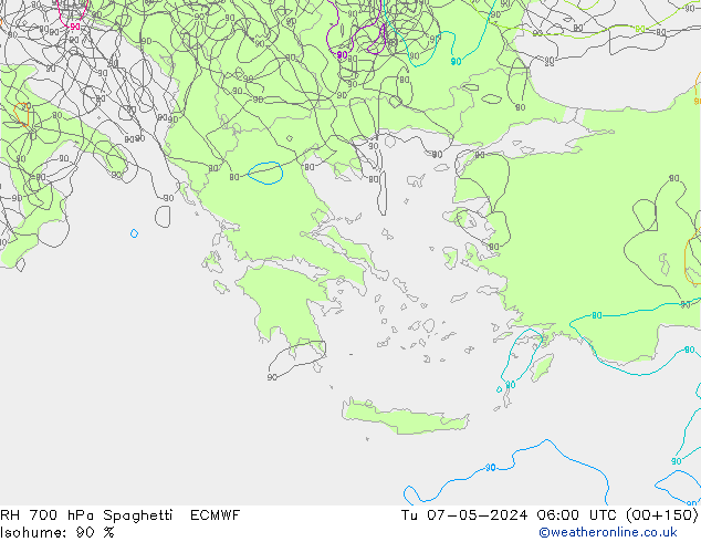Humidité rel. 700 hPa Spaghetti ECMWF mar 07.05.2024 06 UTC