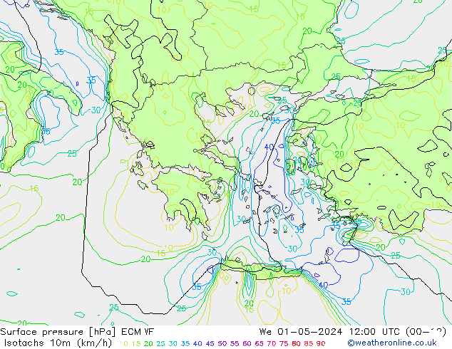 Isotachs (kph) ECMWF mer 01.05.2024 12 UTC