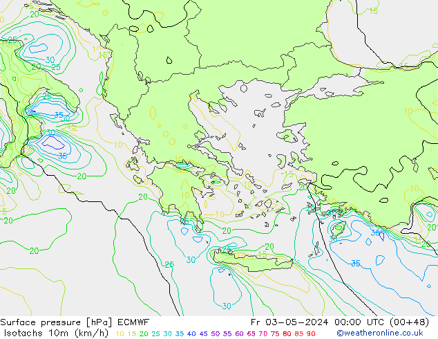 Isotachs (kph) ECMWF Fr 03.05.2024 00 UTC