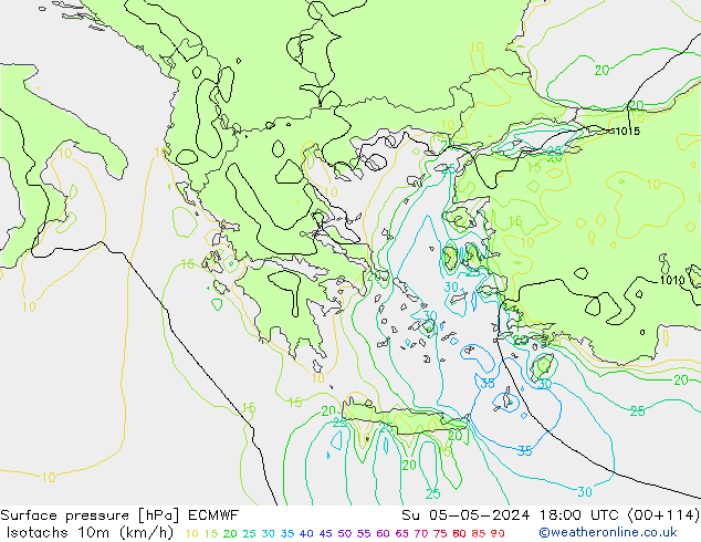 Izotacha (km/godz) ECMWF nie. 05.05.2024 18 UTC