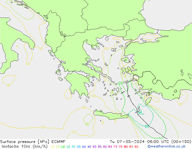 Isotachs (kph) ECMWF Út 07.05.2024 06 UTC