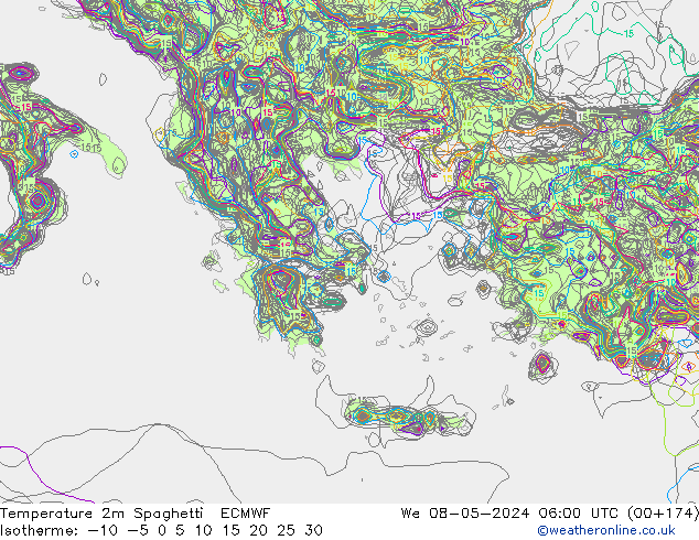 Temperature 2m Spaghetti ECMWF We 08.05.2024 06 UTC
