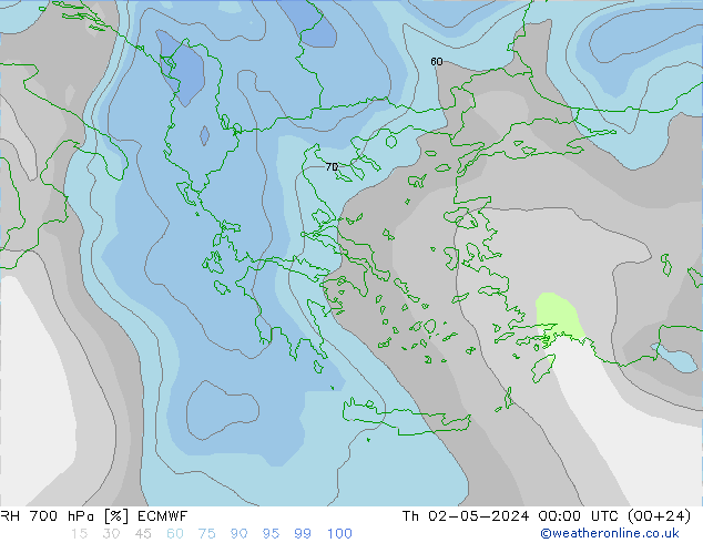 RH 700 hPa ECMWF Čt 02.05.2024 00 UTC