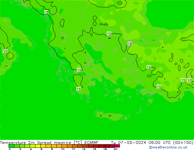 température 2m Spread ECMWF mar 07.05.2024 06 UTC