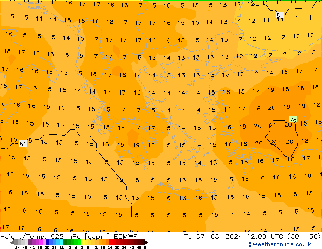 Yükseklik/Sıc. 925 hPa ECMWF Sa 07.05.2024 12 UTC