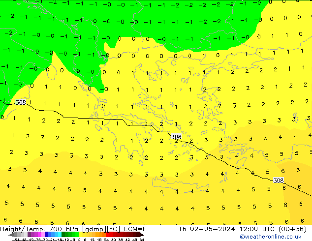 Height/Temp. 700 hPa ECMWF gio 02.05.2024 12 UTC