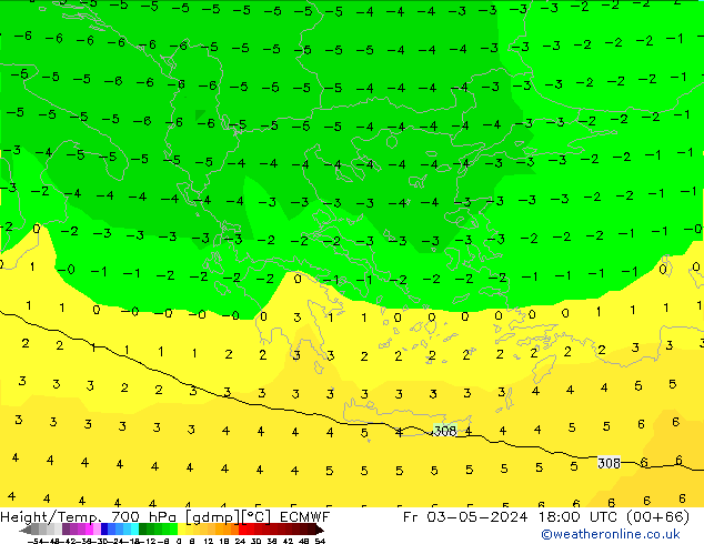 Height/Temp. 700 гПа ECMWF пт 03.05.2024 18 UTC