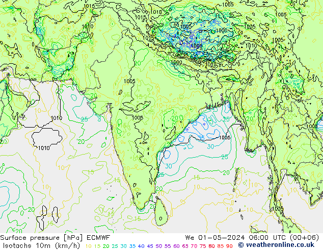 Isotachs (kph) ECMWF St 01.05.2024 06 UTC