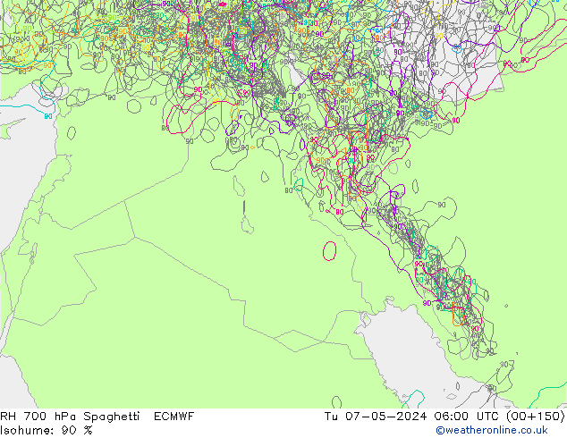 RH 700 hPa Spaghetti ECMWF Tu 07.05.2024 06 UTC