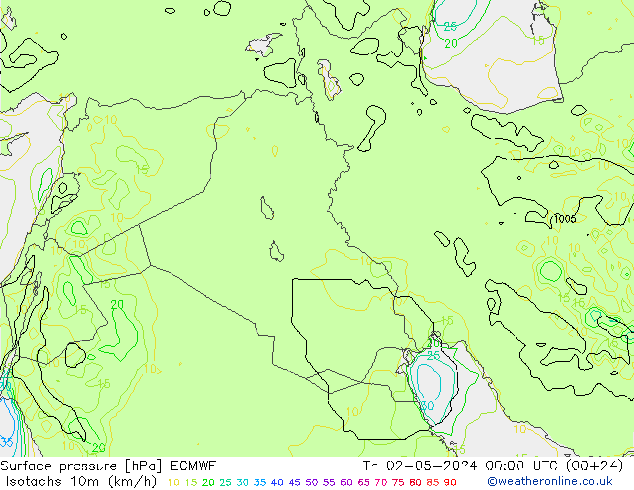 Isotachs (kph) ECMWF gio 02.05.2024 00 UTC