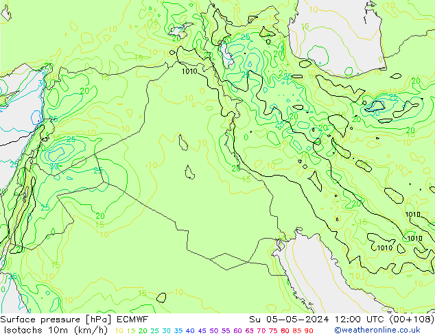 Izotacha (km/godz) ECMWF nie. 05.05.2024 12 UTC