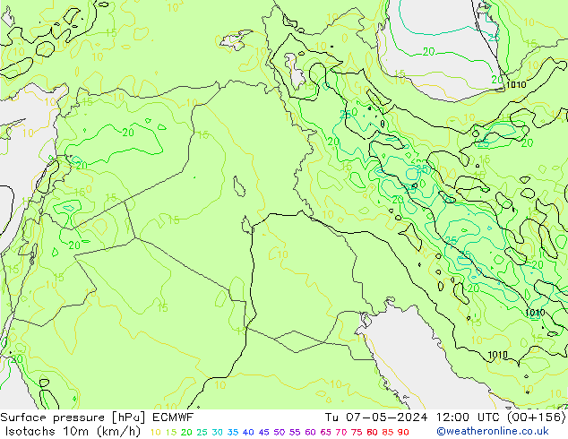 Isotachs (kph) ECMWF Tu 07.05.2024 12 UTC