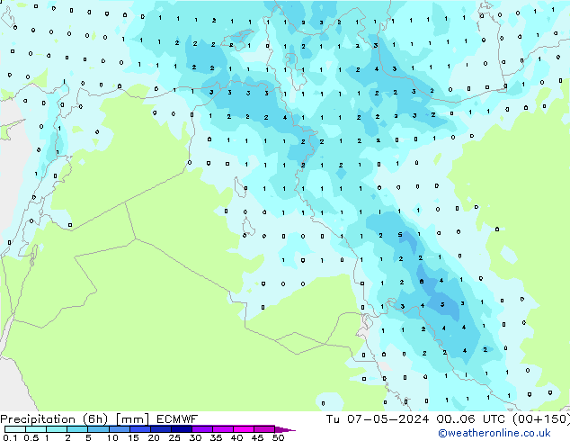 Precipitation (6h) ECMWF Tu 07.05.2024 06 UTC