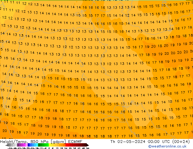 Geop./Temp. 850 hPa ECMWF jue 02.05.2024 00 UTC