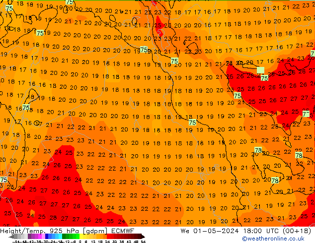 Yükseklik/Sıc. 925 hPa ECMWF Çar 01.05.2024 18 UTC