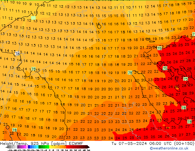 Height/Temp. 925 hPa ECMWF Tu 07.05.2024 06 UTC