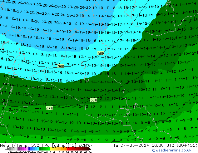 Height/Temp. 500 hPa ECMWF Út 07.05.2024 06 UTC