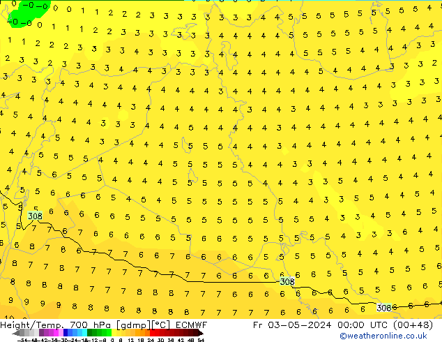 Height/Temp. 700 hPa ECMWF ven 03.05.2024 00 UTC