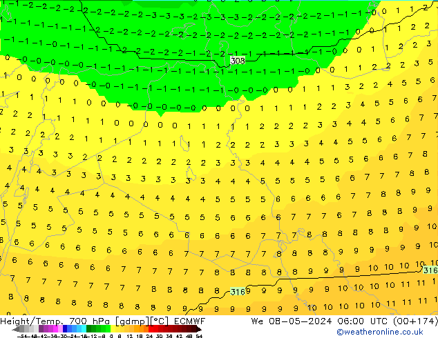 Géop./Temp. 700 hPa ECMWF mer 08.05.2024 06 UTC