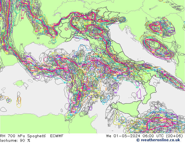 RH 700 hPa Spaghetti ECMWF We 01.05.2024 06 UTC