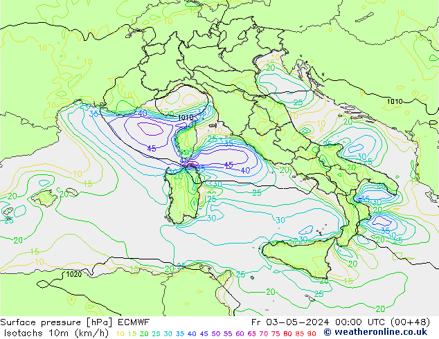 Isotachs (kph) ECMWF Pá 03.05.2024 00 UTC