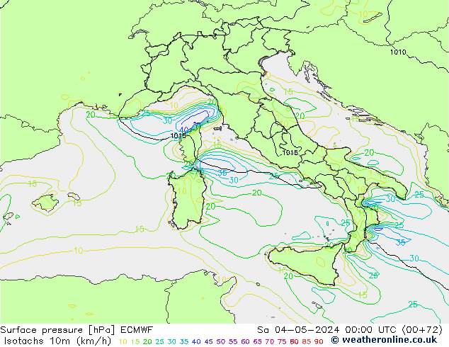 Isotachs (kph) ECMWF сб 04.05.2024 00 UTC