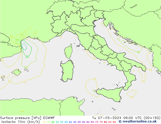 Isotachs (kph) ECMWF  07.05.2024 06 UTC