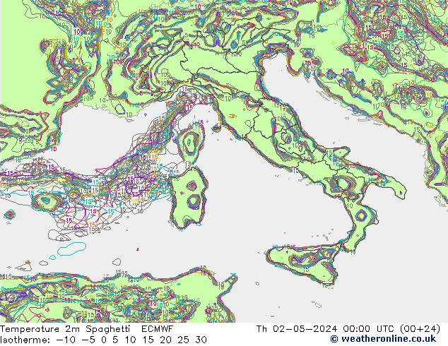 Temperature 2m Spaghetti ECMWF Th 02.05.2024 00 UTC